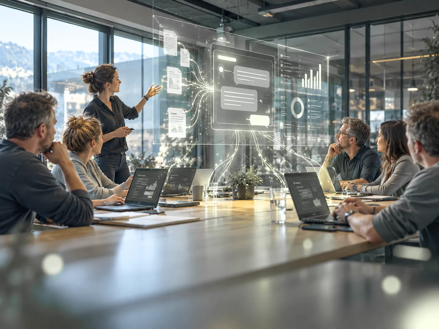 Schulung im Besprechungsraum: eine Trainerin erklärt dem Team einen Ablauf an einer digitalen Anzeige