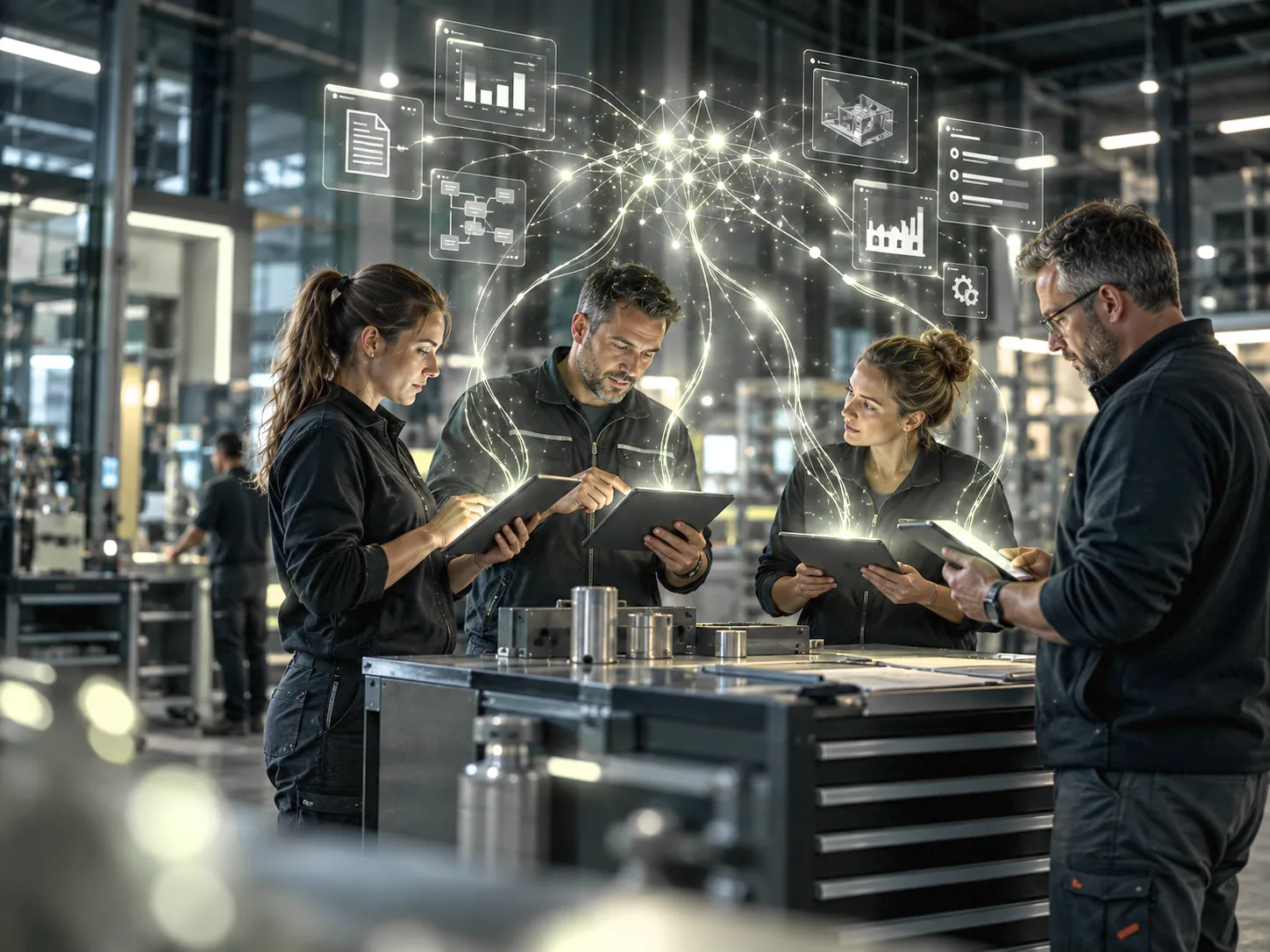 Vier Personen in der Werkstatt besprechen einen Ablauf an Tablets