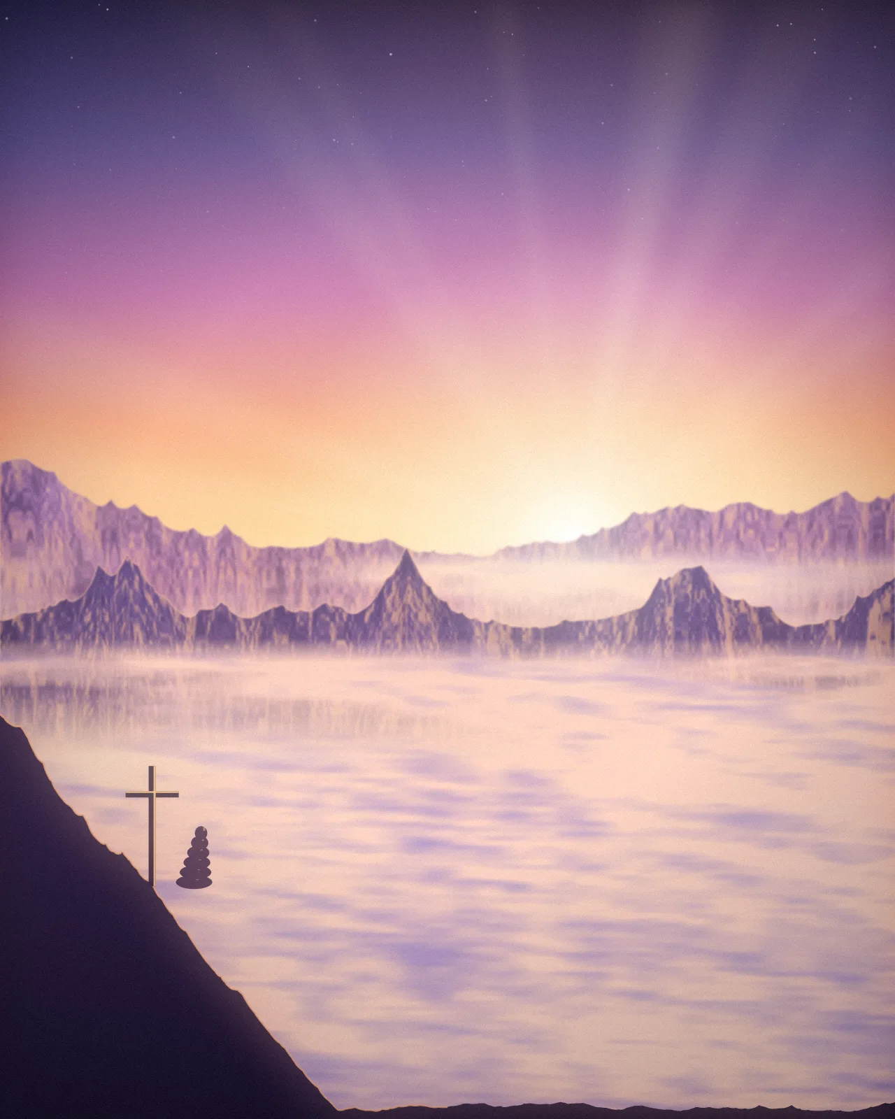 Nebelmeer bei Sonnenaufgang mit Gipfelkreuz im Vordergrund