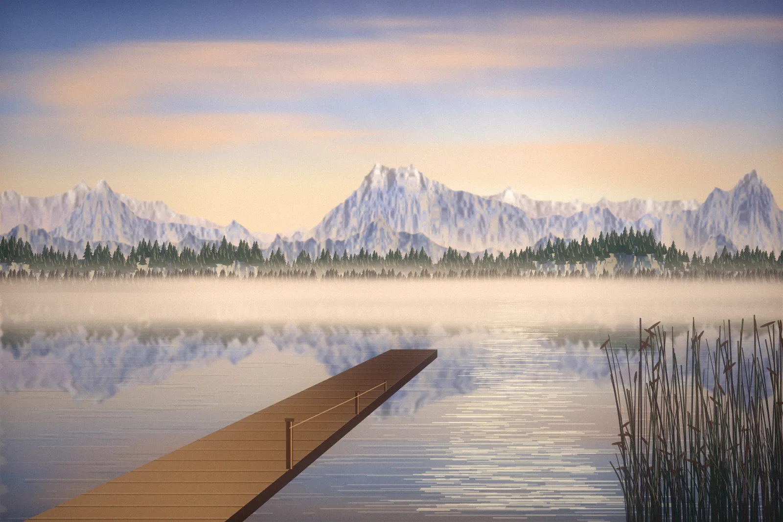Bergsee kurz nach Sonnenaufgang, Nebel über dem Wasser, ein Holzsteg führt hinaus